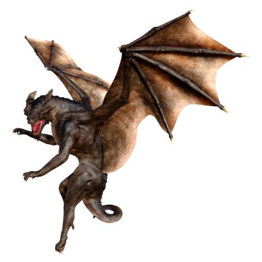 Beyaz arka planda izole edilmiş bir fantezi ejderhanın 3 boyutlu canlandırması