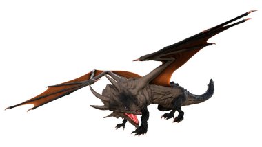 Beyaz arka planda izole edilmiş bir fantezi ejderhanın 3 boyutlu canlandırması