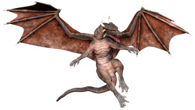 Beyaz arka planda izole edilmiş bir fantezi ejderhanın 3 boyutlu canlandırması