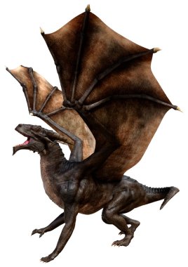 Beyaz arka planda izole edilmiş bir fantezi ejderhanın 3 boyutlu canlandırması