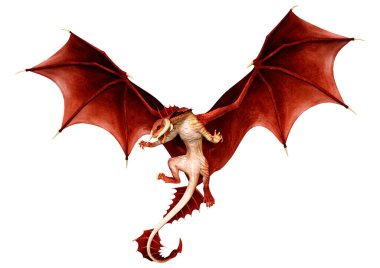 Beyaz arka planda izole edilmiş bir fantezi ejderhanın 3 boyutlu canlandırması