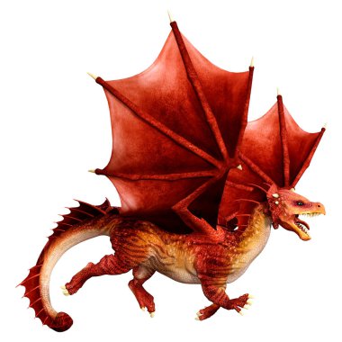 Beyaz arka planda izole edilmiş bir fantezi ejderhanın 3 boyutlu canlandırması