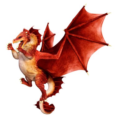 Beyaz arka planda izole edilmiş bir fantezi ejderhanın 3 boyutlu canlandırması