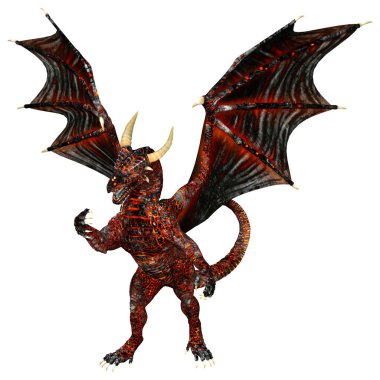 Beyaz arka planda izole edilmiş bir fantezi ejderhanın 3 boyutlu canlandırması