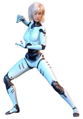 Beyaz arka planda izole edilmiş bir kadın robotun 3 boyutlu canlandırması