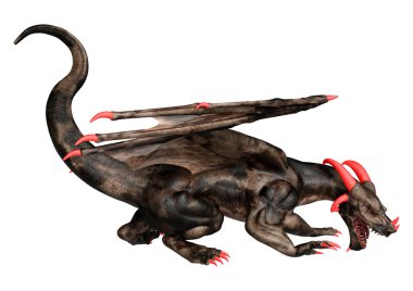 Beyaz arka planda izole edilmiş bir fantezi ejderhanın 3 boyutlu canlandırması