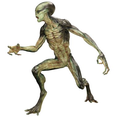 Beyaz arka planda izole edilmiş yeşil bir uzaylının 3 boyutlu görüntüsü