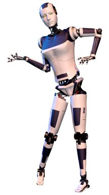 Beyaz arka planda izole edilmiş bir kadın robotun 3 boyutlu canlandırması