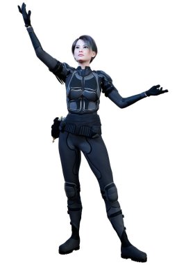 Beyaz arka planda izole edilmiş bir bilim kurgu savaşçısı kadının 3 boyutlu görüntüsü