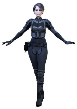 Beyaz arka planda izole edilmiş bir bilim kurgu savaşçısı kadının 3 boyutlu görüntüsü