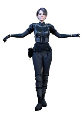 Beyaz arka planda izole edilmiş bir bilim kurgu savaşçısı kadının 3 boyutlu görüntüsü