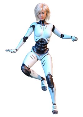 Beyaz arka planda izole edilmiş bir kadın robotun 3 boyutlu canlandırması