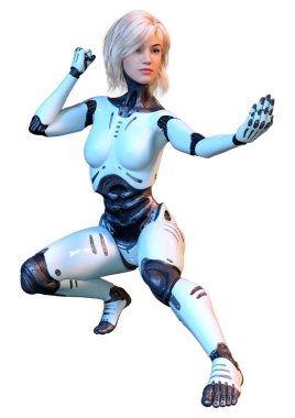 Beyaz arka planda izole edilmiş bir kadın robotun 3 boyutlu canlandırması