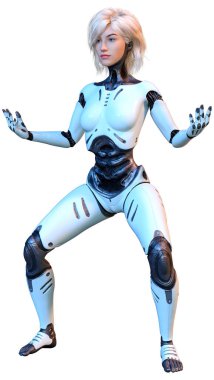 Beyaz arka planda izole edilmiş bir kadın robotun 3 boyutlu canlandırması