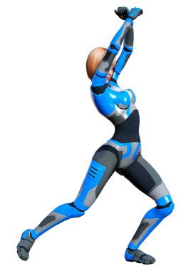 Beyaz arka planda izole edilmiş bir kadın robotun 3 boyutlu canlandırması