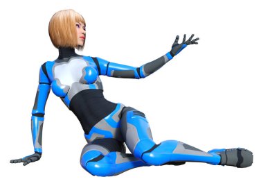 Beyaz arka planda izole edilmiş bir kadın robotun 3 boyutlu canlandırması