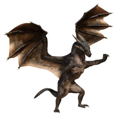 Beyaz arka planda izole edilmiş bir fantezi ejderhanın 3 boyutlu canlandırması