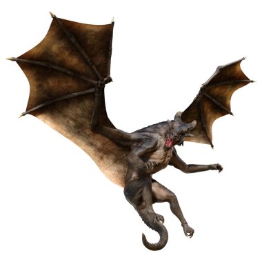 Beyaz arka planda izole edilmiş bir fantezi ejderhanın 3 boyutlu canlandırması