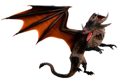 Beyaz arka planda izole edilmiş bir fantezi ejderhanın 3 boyutlu canlandırması