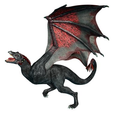 Beyaz arka planda izole edilmiş bir fantezi ejderhanın 3 boyutlu canlandırması