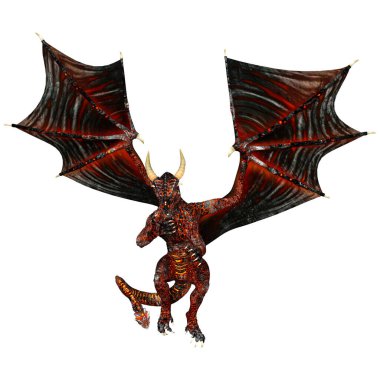 Beyaz arka planda izole edilmiş bir fantezi ejderhanın 3 boyutlu canlandırması