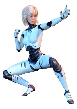 Beyaz arka planda izole edilmiş bir kadın robotun 3 boyutlu canlandırması