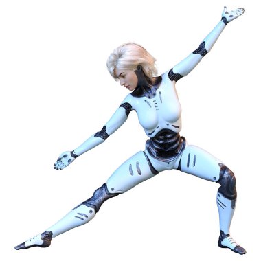 Beyaz arka planda izole edilmiş bir kadın robotun 3 boyutlu canlandırması