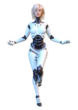 Beyaz arka planda izole edilmiş bir kadın robotun 3 boyutlu canlandırması