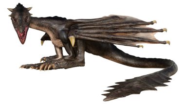 Beyaz arka planda izole edilmiş bir fantezi ejderhanın 3 boyutlu canlandırması