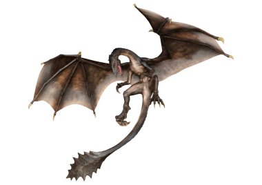 Beyaz arka planda izole edilmiş bir fantezi ejderhanın 3 boyutlu canlandırması