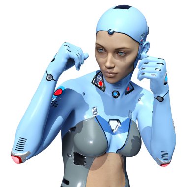 Beyaz arka planda izole edilmiş bir kadın robotun 3 boyutlu canlandırması