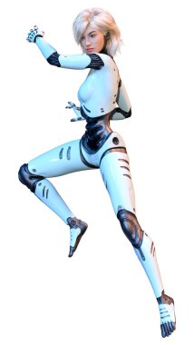 Beyaz arka planda izole edilmiş bir kadın robotun 3 boyutlu canlandırması