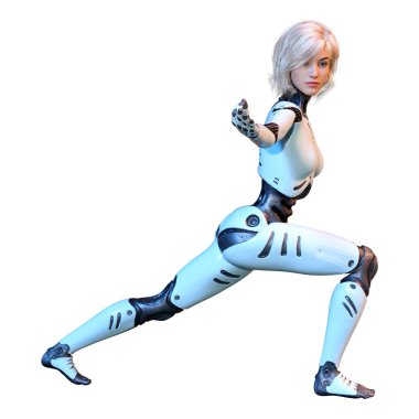 Beyaz arka planda izole edilmiş bir kadın robotun 3 boyutlu canlandırması