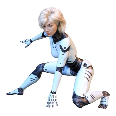 Beyaz arka planda izole edilmiş bir kadın robotun 3 boyutlu canlandırması
