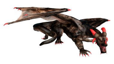 Beyaz arka planda izole edilmiş bir fantezi ejderhanın 3 boyutlu canlandırması