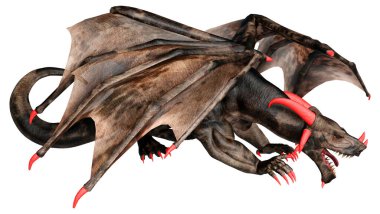 Beyaz arka planda izole edilmiş bir fantezi ejderhanın 3 boyutlu canlandırması