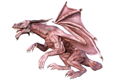 Beyaz arka planda izole edilmiş bir fantezi ejderhanın 3 boyutlu canlandırması