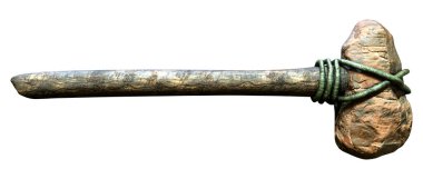 Beyaz arka planda izole edilmiş ilkel bir silah olan taş çekicin 3 boyutlu tasarımı