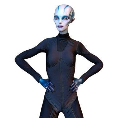 Beyaz arka planda izole edilmiş mavi dişi bir uzaylının 3 boyutlu görüntüsü