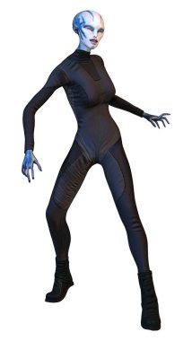 Beyaz arka planda izole edilmiş mavi dişi bir uzaylının 3 boyutlu görüntüsü