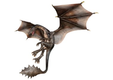 Beyaz arka planda izole edilmiş bir fantezi ejderhanın 3 boyutlu canlandırması