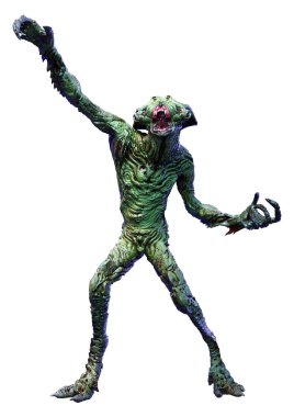 Beyaz arka planda izole edilmiş yeşil bir uzaylının 3 boyutlu görüntüsü