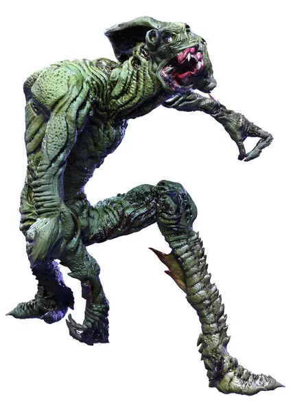 Beyaz arka planda izole edilmiş yeşil bir uzaylının 3 boyutlu görüntüsü