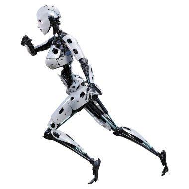 Beyaz arka planda izole edilmiş bir kadın robotun 3 boyutlu canlandırması