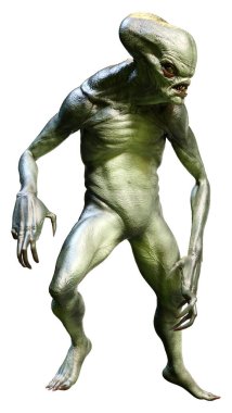 Beyaz arka planda izole edilmiş yeşil bir uzaylının 3 boyutlu görüntüsü