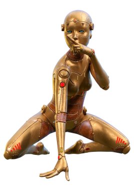 Beyaz arka planda izole edilmiş bir kadın robotun 3 boyutlu canlandırması