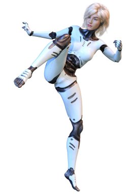 Beyaz arka planda izole edilmiş bir kadın robotun 3 boyutlu canlandırması