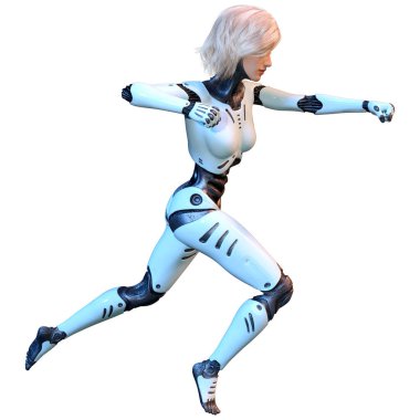 Beyaz arka planda izole edilmiş bir kadın robotun 3 boyutlu canlandırması