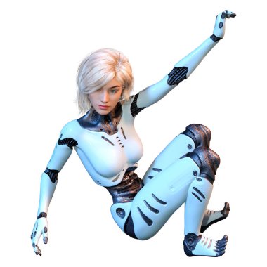 Beyaz arka planda izole edilmiş bir kadın robotun 3 boyutlu canlandırması