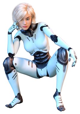 Beyaz arka planda izole edilmiş bir kadın robotun 3 boyutlu canlandırması